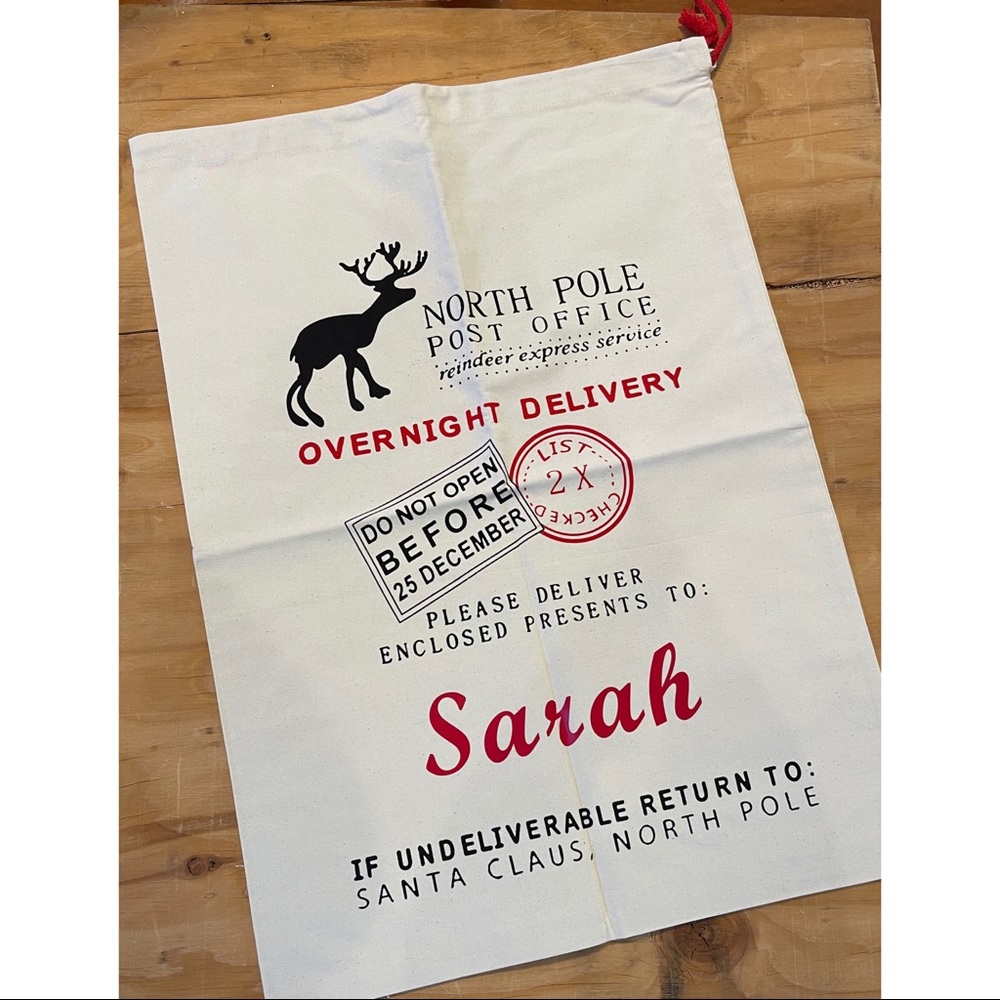 Santa Sack oversized with Sarah name on it